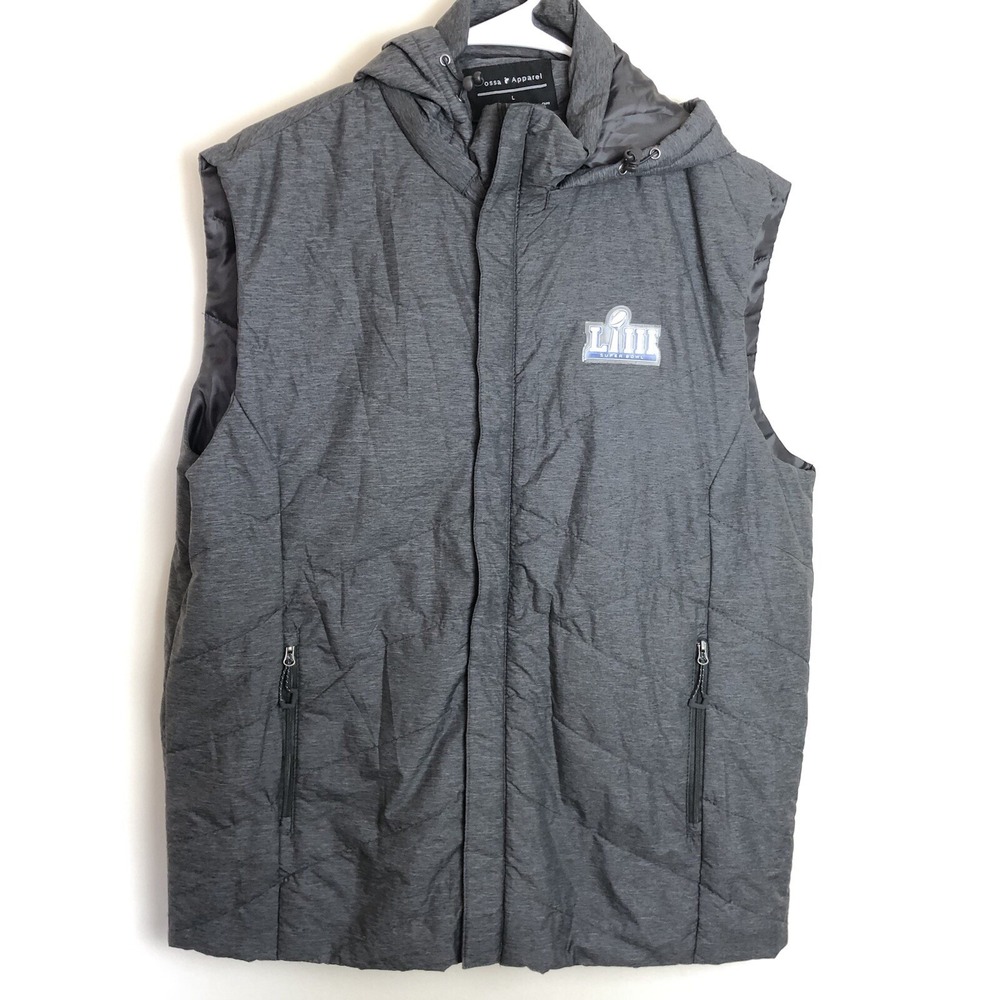 Super Bowl 53 Fossa Apparel Charcoal Quilted Puffer Vest With Hood Sz Large